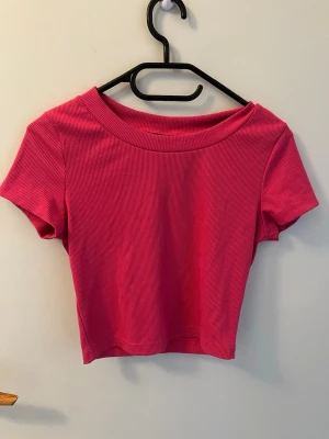 Ribbad rosa croppad topp från SHEIN - Trendig ribbad rosa croppad topp från SHEIN med korta ärmar och bred halsringning. Perfekt att matcha med höga jeans eller kjol för en snygg och enkel look. Materialet är mjukt och stretchigt för extra komfort.