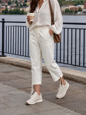 Vita ankelbyxorr med dragsko - Snygga vita ankelbyxor med avslappnad passform och dragsko i midjan. Byxorna har raka ben, fickor i sidorna och dekorativa knytband vid bensluten. Perfekta för en chill och trendig look.
