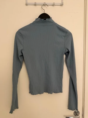 Ljusblå ribbad långärmad polotopp - Trendig ljusblå ribbad polotopp med långa ärmar och vågig kant vid hals och nederdel. Perfekt att styla med jeans eller kjol för en cool vardagslook.