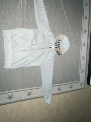 Grå hoodie från Burberry med dragkedja - Säljer en grå hoodie från Burberry med klassiskt rutigt foder i huvan. Hoodien har dragkedja framtill, två fickor och justerbar huva med snören. Tillverkad i mjukt bomullsmaterial och har en clean, stilren look med exklusiv känsla.