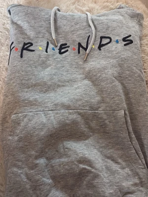 Grå Friends hoodie med tryck - Säljer en grå friends tröja köpt på h&m. Använd ganska mycket, inte så många defekter på själva hoodien förutom på friends trycket där några tråkar hänger ut. 