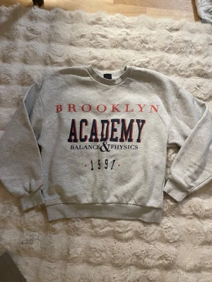 Grå sweatshirt Brooklyn Academy - Snygg grå sweatshirt med tryck i rött och marinblått där det står 'Brooklyn Academy Balance & Physics 1997'. Tröjan har rund halsringning, långa ärmar och ribbade muddar vid ärmslut och nederkant. Perfekt för en avslappnad och trendig stil.