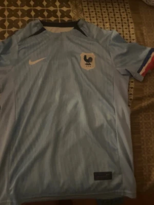Frankrike Mbappé 10 Nike matchtröja - Ljusblå fotbollströja från Nike med Frankrikes landslagsemblem och nummer 10 Mbappé på ryggen. Tröjan har korta ärmar med franska flaggans färger på ärmslutet och är tillverkad i ett lätt, ventilerande material perfekt för träning eller match.