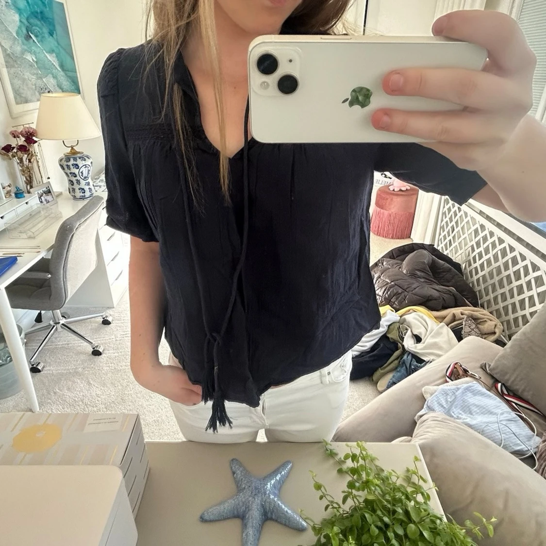 Mörkblå boho-blus med knytband - 1