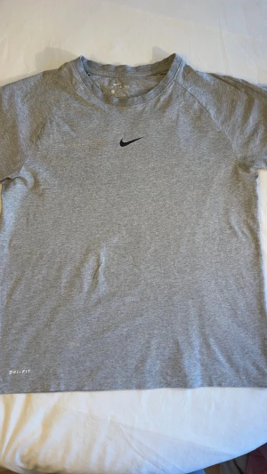 Grå Nike Dri-Fit t-shirt - Snygg grå t-shirt från Nike med svart logga på bröstet och Dri-Fit-tryck nertill. T-shirten har korta ärmar och är tillverkad i ett mjukt och funktionellt material som passar perfekt till träning. Enkel och stilren design med diskret text på ryggen.
