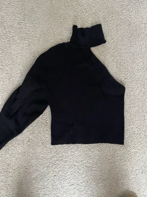 Svart oneshoulder ribbad topp Zara - Svart ribbad topp från Zara med hög krage och oneshoulder-design. Toppen har lång ärm på ena sidan och är croppad i modellen, super fin fest topp, helt oanvänd!💞Det står strlk L men jag skulle säga att den är mer för storlek S/XS