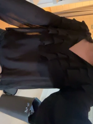 Svart volangblus i transparent material - Säljer en svart blus med volangdetaljer framtill och på axlarna. Blusen är gjord i ett transparent, lätt material och har långa ärmar. Perfekt för dig som gillar en trendig och elegant look.