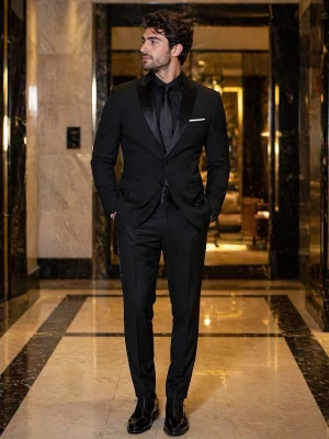 Svart kostym med satin-detaljer - Stilren svart kostym med kavaj och byxor, båda med eleganta satin-detaljer på slag och sidor. Klassisk passform och tidlös design, perfekt för dig som vill sticka ut med en clean look. Kavajen har fickor och knappar framtill samt en bröstficka med vit näsduk.