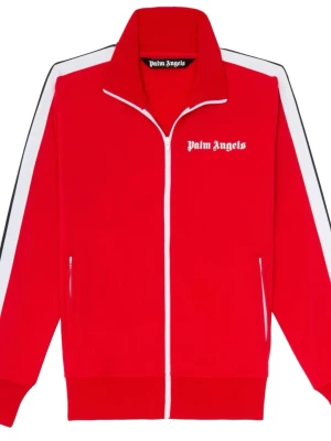 Röd zip hoodie från Palm Angels - Riktigt snygg röd hoodie med dragkedja från Palm Angels. Har vita detaljer längs ärmarna och vit logga på bröstet. Ståkrage och två fickor framtill. Perfekt för en streetwear-look.