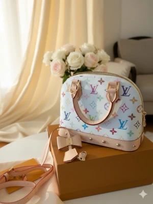 Iouis Vuitton BB Murakami edition 🪷 - En dröm i färg och form Denna ljuvliga handväska utstrålar en tidlös charm med sin mjuka, kupolformade silhuett som påminner om klassisk elegans. Den står stadigt på en vacker bas, redo att bära dina mest värdefulla ägodelar genom livets alla små och stora ögonblick.Väskan omfamnas av två handtag i naturligt, ljusbeige läder som med tiden kommer att bära spår av dina resor och äventyr.