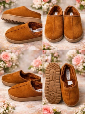 Bruna mjuka tofflor i mockaimitation - Säljer ett par bruna tofflor från Soulmates i mjuk mockaimitation med fluffigt foder. De har en rundad tå, låg slip-in modell och rejäl gummisula för extra komfort. Perfekta för att chilla hemma och hålla fötterna varma.