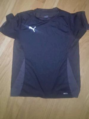 Svart träningsset från Puma - Säljer ett svart träningsset från Puma med en t-shirt och shorts. T-shirten har korta ärmar, rund hals och vita Puma-loggan på bröstet. Shortsen har elastisk midja och Puma-logga på benet. Båda plaggen är i lätt och snabbtorkande material, perfekta för träning.