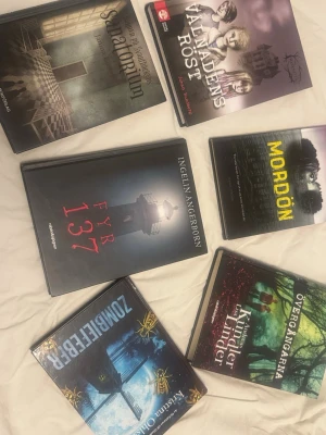  Skräck Böcker  - Helt ny sicket en bok kostar 85. Om man köper alla kan man få de för 550. Perfekt för dig som gillar skräck och övernaturliga berättelser. Hårdpärm med snyggt tryck och suggestiv stämning.  	                                                            1. 	Valnadens röst - Johan Rundberg  	2. 	Barnen på Svartbäckens unido - Janina  	3. 	Mordön - Ingela Wahlström  	4. 	Övergångarna - Kindler  	5. 	Zombiefebre - Kristina Ohlsson