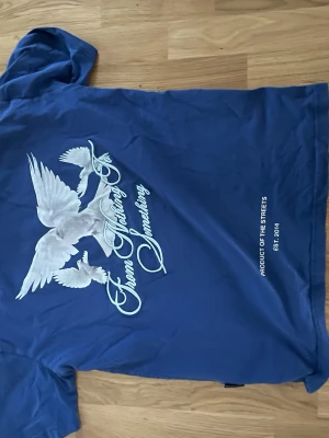 Blå Hoodrich t-shirt med tryck - Säljer en blå t-shirt från Hoodrich i storlek M. T-shirten har ett stort vitt tryck med duvor och texten 'From Nothing To Something' på ryggen samt tryck fram. Klassisk passform och mjukt bomullsmaterial.