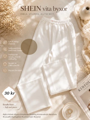 Vita linnebyxor  - 🤍 Vita SHEIN byxor – 30kr 🤍 såå clean & stilrena 😩✨ wideleg passform + resår i midjan = sjukt bekväma!! perf till sommaren, semester eller chill clean girl fits ☀️                                                                       Bundle finns🤍  - Soft and pieces