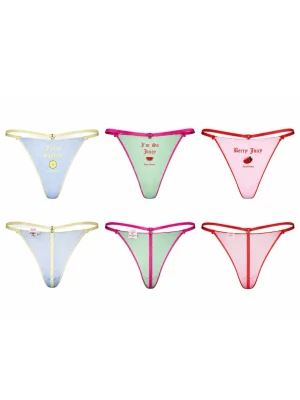 3-pack stringtrosor i S. Juicy Couture - Säljer ett 3-pack stringtrosor i olika färger och fruktmotiv från Juicy Couture. Helt nya och plomberade.