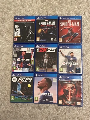 PS4 spelpaket med 9 populära titlar - Säljer ett paket med 9 PlayStation 4-spel:                   The Last of Us Remastered,                                    Marvel's Spider-Man,                                                  Spider-Man Miles Morales, FIFA 21, NBA 2K25,        FIFA  23, EA Sports FC 24, FIFA 22 och Tekken 7. Alla spel kommer i sina original blå plastfodral med omslag. Perfekt för dig som gillar sport, action och fighting!