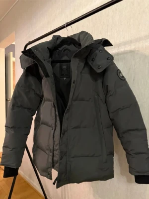 Svart dunjacka från Canada Goose - Säljer en svart dunjacka från Canada Goose med avtagbar huva och hög krage. Jackan har en klassisk puffer-modell, diskret logga på ärmen och dragkedja med knappslå. Perfekt för kalla vinterdagar och riktigt varm.