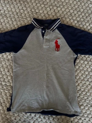 Grå-blå Polo Ralph Lauren henley - Snygg henley från Polo Ralph Lauren i grått med mörkblå ärmar och krage. Stor röd broderad logga på bröstet och randig detalj på kragen. Perfekt för dig som gillar klassisk men sportig stil.