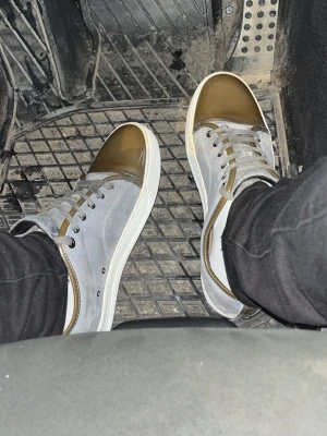 Gråbruna sneakers från Lanvin - Snygga sneakers från Lanvin i grå mocka med bruna lackdetaljer på tån och runt kanten. Skorna har grå snörning och vit sula. Perfekta för dig som vill ha en stilren och unik look.