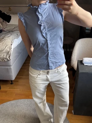 Blus - Säljer en ljusblå blus med volangdetaljer längs knäppningen och vid kragen. Perfekt inför vår och sommar💙 Priset är diskuterbart vid snabb affär🥰