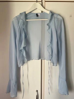  bolerotopp med volang - Säljer en ljusblå bolerotopp från H&M med långa ärmar och volangdetaljer längs framkanten. Toppen är croppad och har tunna knytband framtill. Perfekt för att lägga till en söt touch till din outfit.