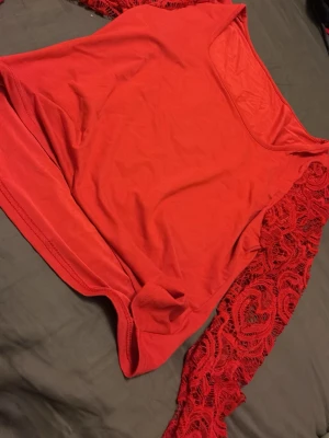 Röd topp med spetsärmar - Trendig röd topp med långa spetsärmar och rund halsringning. Ärmarna har ett snyggt mönster i spets som ger en extra detalj till outfiten. Perfekt för dig som vill sticka ut med färg och stil.