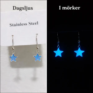 Blå stjärnörhängen i rostfritt stål - Lyser  - Snygga örhängen i form av blå stjärnor som lyser i mörkret. Tillverkade i rostfritt stål med krokfäste. Perfekta för dig som vill sticka ut med en cool detalj och gillar unika accessoarer.