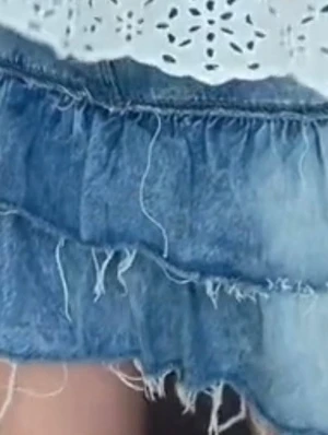 Blå jeanskjol med volanger från Gina Tricot - Säljer en blå jeanskjol från Gina Tricot med volangdetaljer och råa kanter för en trendig look. Kjolen har knapp och dragkedja framtill samt hällor för skärp. Perfekt för dig som gillar en avslappnad och cool stil.