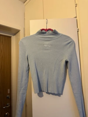 H&M polotopp ljusblå - En ljusblå ribbad tröja med hög krage. Tröjan har långa ärmar och en figurnära passform. Ett litet broderat hjärta finns på kragen.