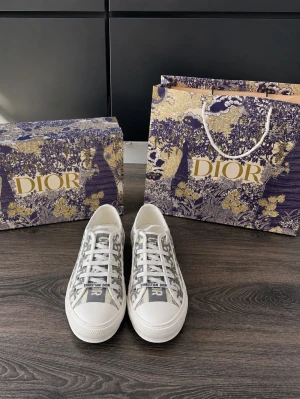 Dior Oblique gråvita sneakers - Snygga Dior Oblique sneakers i vitt och grått med klassiskt monogrammönster. Låga sneakers med vit gummisula och tydlig Christian Dior-logga både på sidan och tungan. Ovandelen är i canvas med exklusiv känsla och detaljer i vitt. Perfekta för dig som gillar lyxig streetstyle.
