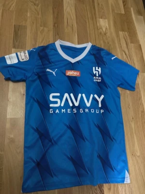 Al Hilal Neymar Jr matchtröja blå - Säljer en blå Al Hilal matchtröja från Puma med Neymar Jr och nummer 10 på ryggen. Tröjan har vita detaljer, V-ringning och flera sponsorloggor. Perfekt för fotbollsfans som vill stötta sitt lag med stil.