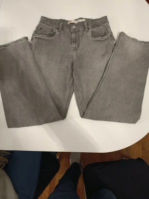 Grå Levi's raka jeans - Säljer ett par grå raka jeans från Levi's med klassisk femficksdesign och knappgylf. Jeansen har en avslappnad passform och är tillverkade i slitstark denim. Perfekta för dig som gillar en tidlös och clean look. Med justerbar midja. Med litet hål under högra bakfickan.