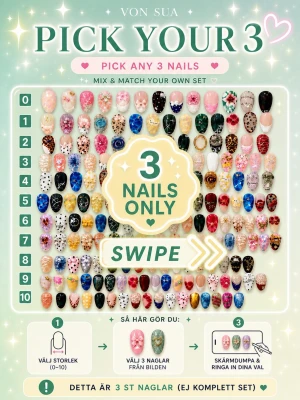 Set med 3st naglar (Mix & Match) - Buy Single Nails / Köp styckvis 💅  Behöver du ersätta en nagel eller komplettera ett set? Köp enstaka naglar från bilden.  Så gör du:  1. Välj storlek (0–10) 2. Välj naglar från bilden 3. Skärmdumpa & ringa in 4. Skicka bilden efter köp  Pris: • 1 st – 24 kr • 3 st – 69 kr • 5 st – 99 kr  Obs: Inte ett komplett set  För komplett set → se Mix & Match-annonsen 💕