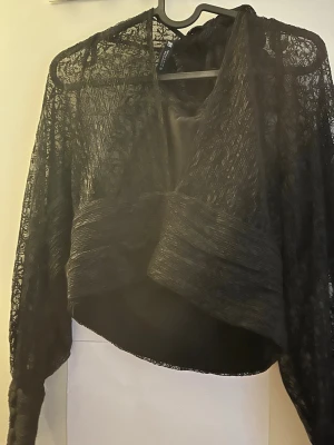 Svart spetsblus  - En lyxig svart blus i ett lite glansigt och tunt tyg. Den har fina detaljer med spets och ser väldigt fin ut på. Passar perfekt när man vill vara riktigt snygg på fest. Kedjan på sidan har ett litet hål precis över den. Står M fast skulle nog säga att den är väldigt liten, så kanske S istället!