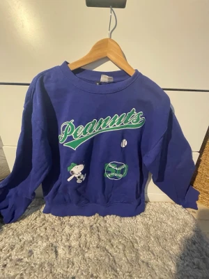 Blå Peanuts sweatshirt med Snoopy - Cool blå sweatshirt med Peanuts-tryck i grönt och vitt, samt Snoopy och baseballmotiv på framsidan. Tröjan har rund hals och långa ärmar. Tröjan är från H&M och är i storlek xs 