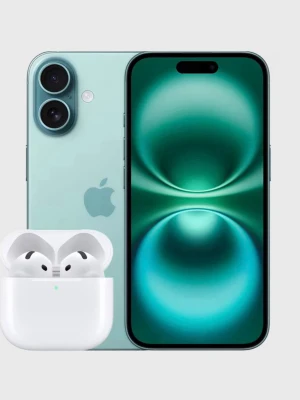 Grön iPhone med AirPods Pro - Snygg grön iPhone med dubbla kameror och stilren design i glas och aluminium. Telefonen har en stor skärm med tunna kanter och den ikoniska Apple-loggan på baksidan. Träffas i gävle