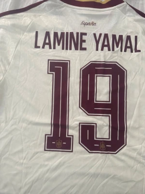 Spanien Lamine Yamal matchtröja - Säljer en vit matchtröja från Spaniens landslag med Lamine Yamal och nummer 19 i vinrött på ryggen. Tröjan har detaljer i vinrött och guld, samt landslagets emblem tryckt på siffrorna. Perfekt för fotbollsfans som vill stötta Spanien.
