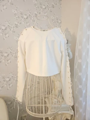 Vit långärmad topp med snörning - Trendig vit långärmad topp med cool snörningsdetalj längs båda ärmarna och guldiga öljetter. Perfekt att styla med höga jeans eller kjol för en snygg outfit. Strl L. Väldigt fint skick! Har dock fläckar på ena ärmslut som jag inte testat att ta bort. 