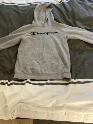Grå Champion hoodie med logga - Snygg grå hoodie från Champion med svart broderad logga på bröstet. Klassisk känguruficka framtill och huva. Perfekt för en avslappnad och sportig stil. Mjuk bomullsblandning som är skön att ha på sig. Okej skick men lite hål vid handlederna.