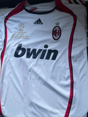 AC Milan tröja| Kaka #22| Size: L| - Säljer en vit kortärmad AC Milan Champions League-tröja från Adidas med svarta och röda detaljer. Tröjan har klubbmärke, Adidas-logga, Bwin som sponsor och Champions League-finalen 2007 broderat i guld. Tillverkad i funktionsmaterial, perfekt för fotbollsfans.