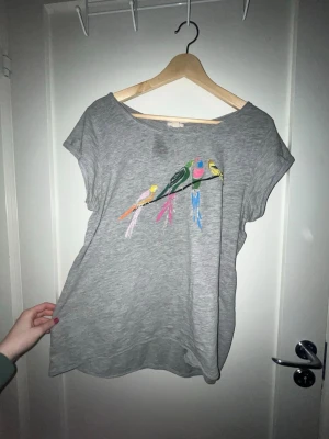 Grå t-shirt med broderade fåglar - Säljer en grå t-shirt med färgglada broderade fåglar på bröstet. T-shirten har korta ärmar och en avslappnad passform. Perfekt för dig som gillar unika detaljer och vill ha något som sticker ut lite extra. Dne har en fläck på sig men som inte syns i vanligt dagsljus.