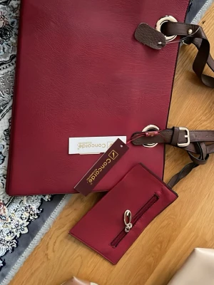 Vinröd datorväska från Concorde - Snygg vinröd datorväska från Concorde i konstläder med bruna detaljer och justerbar axelrem. Väskan har guldfärgade metalldetaljer och medföljer en matchande accessoar med dragkedja. Perfekt för att bära laptop och tillbehör med stil. Taggen finns kvar och är helt ny! 