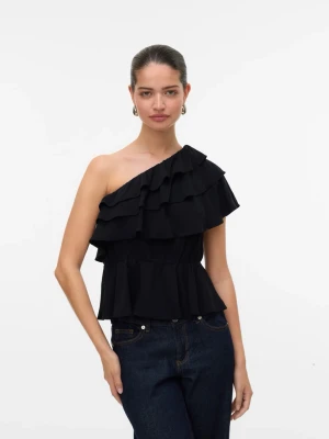 black top from vero moda - Elevate your wardrobe with this effortlessly chic one-shoulder ruffle top in classic black. Designed with layered, flowy ruffles and a flattering elastic waist, this piece combines elegance with a modern edge. The asymmetrical neckline adds a sophisticated touch, making it perfect for both casual outings and evening occasions. Pair it with jeans for a stylish everyday look or dress it up with tailored pants and heels for a night out. A timeless statement piece that blends femininity and confiden
