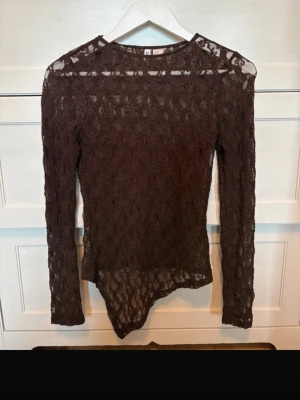 Brun lacetop - Säljer en brun assyrisk lacetop med lång ärm. Blusen har ett  mönster och är figurnära i modellen. Perfekt för dig som vill ha en trendig festtopp