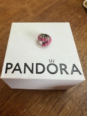Pandora armbandspärla rosa  - Säljer en snygg armbandspärla från Pandora i silverfärgad metall med rosa och prickigt mönster. Det är en rosa larv super gullig 
