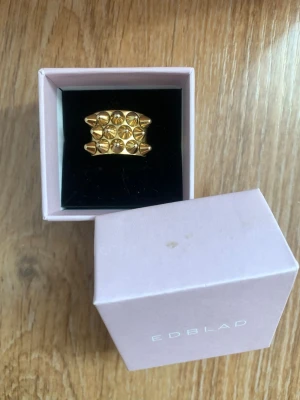 Guldfärgad ring från Edblad - Cool och chunky guldfärgad ring från Edblad med nitar i två rader. Ringen har en bred design och är tillverkad i metall med en blank finish. Perfekt för dig som vill ha ett statement-smycke som sticker ut.
