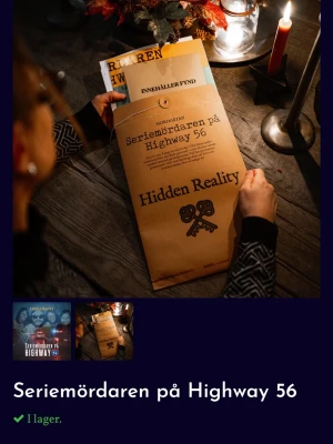 Seriemördaren på Highway 56 spel - Spelet 'Seriemördaren på Highway 56' från Hidden Reality. Paketet innehåller dokument, ledtrådar och material som endast är öppnat en gång innan. Perfekt för roliga spelkvällar.