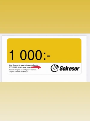 Säljer presentkort på Solresor 1000kr - Jag säljer mitt presentkort jag fått från solresor, då jag ej har användning av den.  Utgångsdatum 2029-09-01  Skriv innan ni gör köpet då ni ej behöver betala frakt. Koden får ni när köpet är gjort!