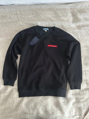 Svart college tröja - Svart sweatshirt med rund halsringning och ribbade muddar. På bröstet finns en röd logotyp. Tröjan har en klassisk passform och är tillverkad i mjukt material. Perfekt för en stilren och trendig look. Är i storlek S men passar mer xs